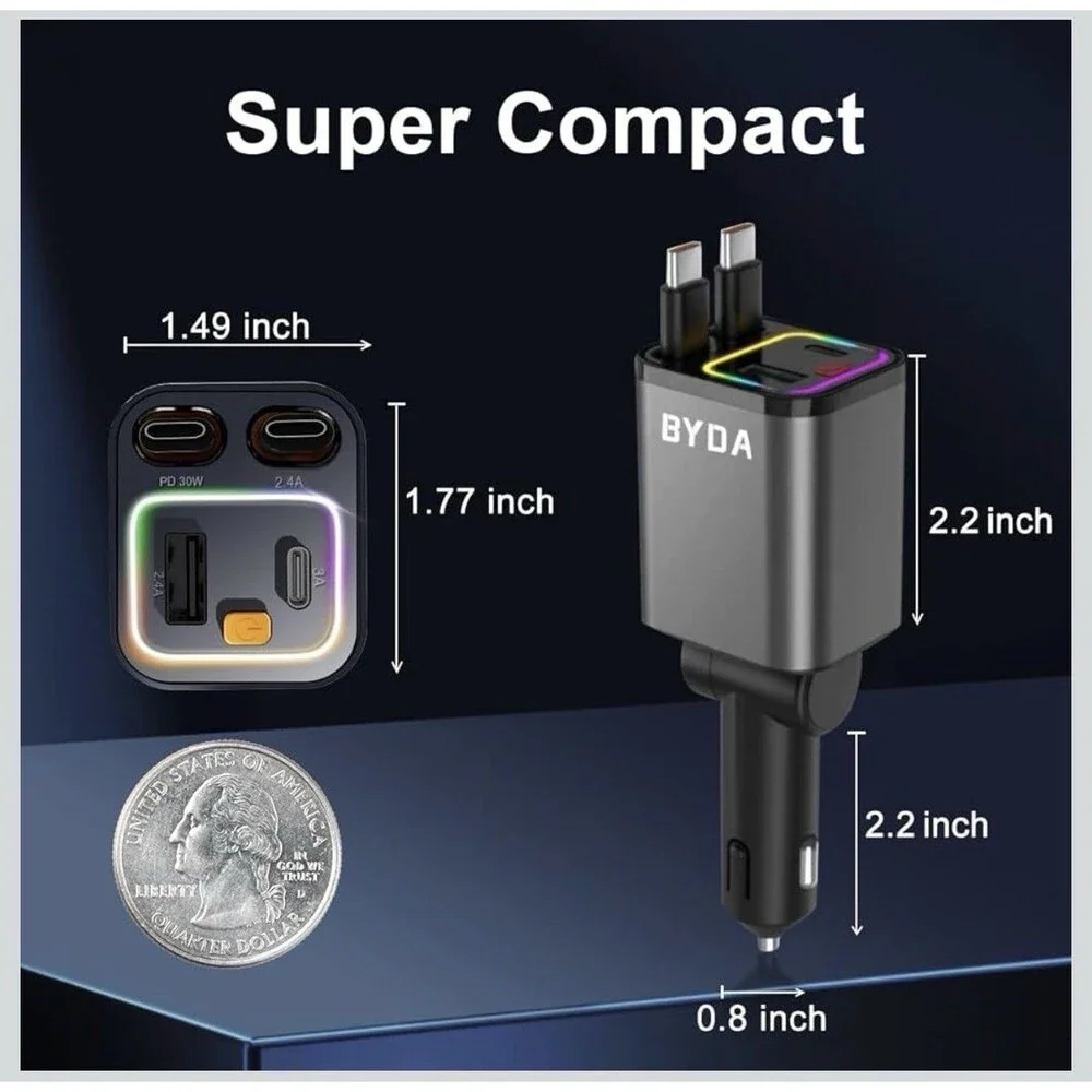 4 in 1 Retractable Car Charger,69W For Apple+Type C &RGB [Black], RGB [Black]